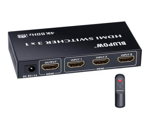 【BLUPOW HDMI2.0 3IN1OUT】HDMI機器3台の映像・音声を1台の4Kディスプレイや4Kプロジェクターなどに簡単に切り替え出力できるHDMI切替器です。本体から離れていても切り替えできるリモコン付きです。 【UHD・HDR対応】4K60HZ・HDCP2.2の4K映像に対応。話題のHDR(HIGH DYNAMIC RANGE IMAGING)の映像ソースにも対応しているので、鮮やかな映像をそのまま楽しむことができます。1080P(1920x1080)のフルHD映像の高画質映像にも対応しています。 【自動切替&amp;リモコン操作】HDMI機器起動時に自動的にポートが切り替わる自動切替機能を搭載していますが、本体の切り替えボタンやリモコンで手動切替でも操作可能です。 【高音質対応】対応オーディオフォーマット:DTS-HD/DOLBY-TRUEHD/LPCM7.1/DTS/DOLBY-AC3 入力端子・出力端子が同じ面にあるので、ケーブルが前に飛び出すことなく、きれいに配線できます。HDMI端子全てに金メッキ加工を採用しています、サビに強く信号劣化を防ぎます。