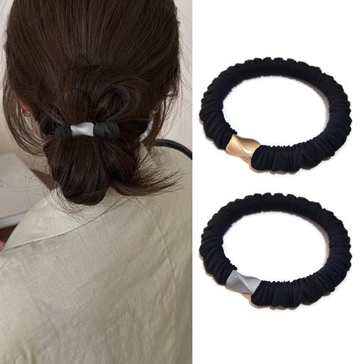 FUYUNOHI ヘアゴム シュシュ 髪ゴム 髪留め ゴム ブラック 2個セット ヘアアクセサリー おしゃれ 大人 柔らかい 跡がつかないヘアゴム 美髪シュシュ ヘアリング 金具付き 可愛い