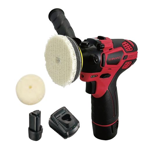 自動車 バフサイズ:80mm、パッドサイズ:75mm 無負荷回転数:低速2800回転/分・高速7600回転/分 無負荷運転時間:低速約40分・高速約30分 バッテリー:リチウムイオン10.8V2.0Ah(品番SI-B1212LA)、充電時間:90分 付属品:バッテリーパック2個・専用充電器・ウールバフ・ウレタンバフ・専用ソフトケース