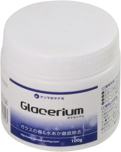 洗剤では落ちないガラス・鏡面の汚れ・くもりとり。 ガラスの傷&amp;水あかを徹底除去! 車のガラスの清掃にも最適。 細かいワイパー傷も綺麗になります。 ヘッドライトの黄ばみも取れます。 IHガラストップの焦げ付きの清掃にも適しています。※(ご使用後は水でしっかり流してください。) 容量;100g 成分;酸化セリウム、増粘剤、純水