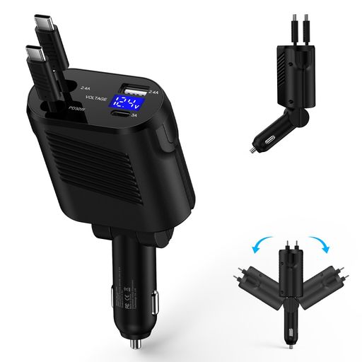 【巻き取り・タイプCケーブル2本】AbcPowシガーソケット車充電器Type-C巻き取り式充電ケーブル2本4台同時充電可能LED表示電圧急速充電カーチャージャースマホ車載充電器iPhoneAir1717Pro17Pro