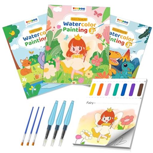 TECJOE 水塗り絵 3冊セット 子供用 厚手 水彩画用紙 6本筆付き 幼児・小学生向け お絵かき 知育おもちゃ 4-11歳 クリスマスプレゼント 誕生日 ギフト 入学祝い (動物・海・プリンセス)