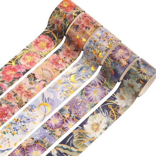乐天商城 - YUBBAEX満開の花マスキングテープ豪華な金箔押し25mm幅x5巻薄いですプレゼント包装、DIY工芸品、ノートの装飾に使える(紫の花)