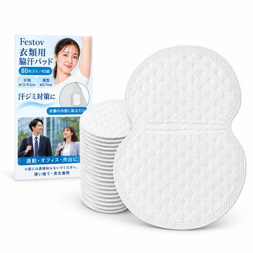 1. 【衣類用の脇汗パッド】シャツ、ワイシャツ、制服、インナーなどの脇部分の内側に貼り、汗ジミやべたつき対策を補助する使い捨てパッドです。本品は衣類用です。肌へ直接貼り付けないでください。 2. 【80枚入り・左右40組分】セット内容は白色パッド80枚。左右に1枚ずつ使用する場合は40組分です。通勤、オフィス、学校、外出など、汗が気になる日の衣類ケアに使用できます。 3. 【約12x9.5cmの大判サイズ】脇部分を覆いやすい約縦12x横9.5cmの大判設計。丸みのある形状で衣類の脇部分に沿わせやすく、男女兼用で使用できます。衣類の形状や体格によりフィット感は異なります。 4. 【約0.7mmの薄型】厚さは約0.7mm。シャツや肌着の内側に取り付けやすい薄型タイプです。薄手、淡色、体に密着する衣類では外側から見える場合があるため、着用前に確認してください。 5. 【使用前に衣類を確認】衣類の内側を清潔で乾いた状態にし、位置を合わせて貼り付け、全体を押さえてください。使用後は生地を傷めないようゆっくり剥がします。