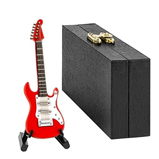 Musiinミニチュアギタースタンドとケース付き、10cmミニ6弦エレキギター、ホームミュージックスタジオデスクシェルフ装飾、ギター愛好家へのギフト(レッドエレ...