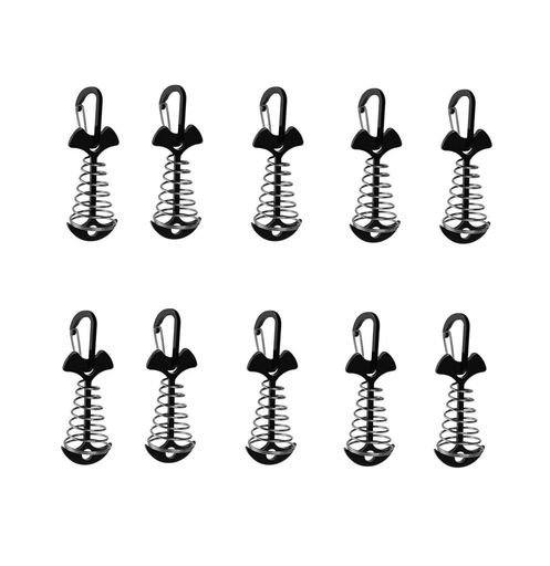 ウッドデッキペグ10本セット自在金具キャンプキャンプ用テントウッドデッキ専用魚骨型対応ペグ・アンカーカラビナ付きスプリングセットアルミ製留め具軽量自在金具ブラック