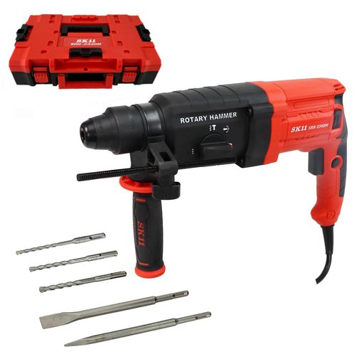電源:単相交流100V・50/60Hz、消費電力:650W、電流:7.4A、仕様:PSEマーク認証 無負荷回転数:0~1000min-1、打撃数:0~5000min-1、チャック:SDSプラス 本体サイズ:約370幅x210高x100奥行mm、電源コード長:約5m、本体質量:約3.0kg、本体材質:樹脂 穴あけ能力:コンクリート23mm・コアビット55mm・ダイヤモンドコアビット65mm・鉄工13mm・木工30mm 付属品:コンクリートビット6・8・10mm各1本・ブルポイント・チゼル各1本・サイドハンドル