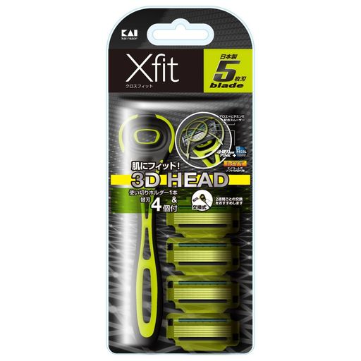 【肌に合わせて動く3Dの首振りヘッド】Xfitは独自の3D首振り機構を備えています。肌に合わせて自在に動いてくれるので凹凸のある面もしっかりとフィット。頬や顎下など、広い肌面をよく剃る方は特に重宝するでしょう。スムーズな剃り心地を体感ください。 【2週間ごとに刃を取り替えるスタイルを確立】替刃は、2週間のスパンで定期的に交換することで、肌に優しいシェービングを続けられます。また、使う刃も常に清潔なので衛生的。使い捨てのカミソリのような手軽さと替刃式の機能性を両立したモデルです。 【手になじむデザイン】人間生活工学を駆使した手になじむデザイン。環境に配慮し、樹脂量を大幅に削減しております。 敏感肌にも対応する仕様に優れた切れ味を持ちながら、肌への優しさを兼ね備えているのもこだわりです。上部には敏感肌向けにパッチテストをクリアした、セラミドやアロエ、ビタミンE配合のスムーザーを使用。 【買い替えに適した本体と替刃のセット】本体と替刃をセットでお届け。セットで8週間分お使いいただけます。替刃の付け外しも簡単。カミソリを一式買い換えたいという方に適しています。