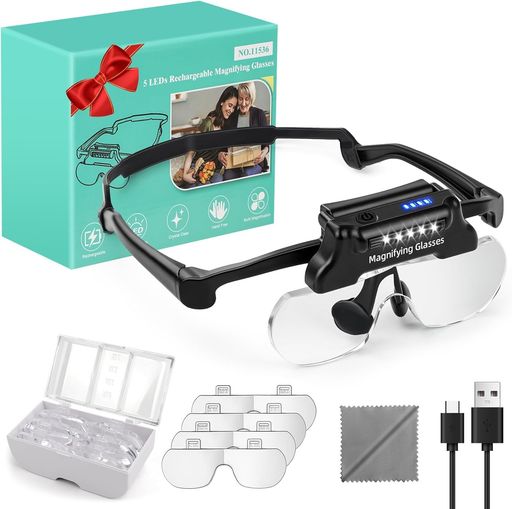ライト付き虫眼鏡、充電式ハンズフリーヘッドバンド拡大鏡、5つのLED付き近接作業用、5X3.5X2.5X1.5Xプロの宝石商のルーペ照明付き拡大鏡近接作業用ホワイト