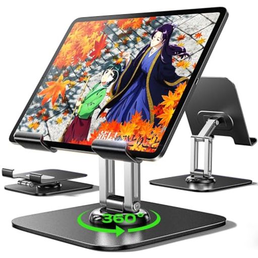 【最新スイッチ2にも対応】市販のタブレットスタンドの問題を解消するために設計されたこの製品は、安定性と耐久性に優れています。フルメタル合金製のベースと厚みのあるパネル、調整可能なロック機構を採用し、どんなシーンでも完璧なサポートを提供します。オフィスや家庭での使用に理想的な、洗練されたデザインのiPadスタンドです。 【360°回転&amp;角度高さ調節】新たに360度回転をサポートするようにアップグレードされ、iPadホルダースタンドを任意の角度に簡単に調整することができます。さらに、2つの調整可能なモードを組み合わせることで、ビデオ通話、読書、映画鑑賞、ライブストリーミングなど、座る位置や立つ位置に応じて適切な高さや角度に調整することができ、調整可能なタブレットスタンドは最も快適な使用体験を提供します。 【任意の角度への簡単調整】調整機能を新たに搭載し、タブレット スタンドがさらにアップグレードされました。2つの調整モードを駆使して、ビデオ通話、読書、映画鑑賞、ライブストリーミングなど、あらゆるシチュエーションに最適な視点を実現します。
