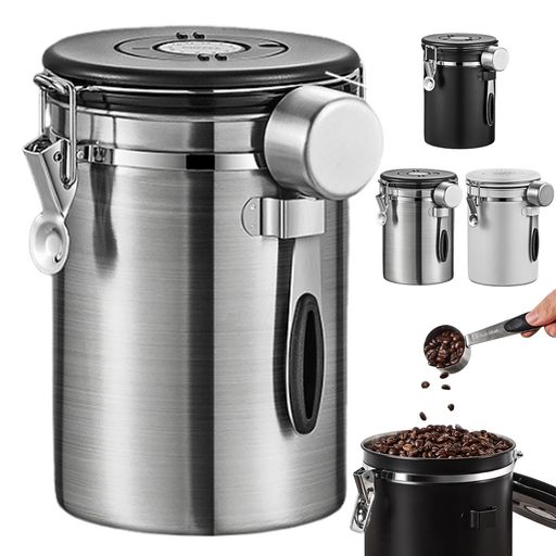 乐天商城 - コーヒーキャニスター密閉コーヒー豆保存容器缶コーヒーコンテナステンレス食品保存容器丸型大容量密閉容器計量スプーン付き日付表示鮮度保持酸化防止コーヒー粉茶筒調味料お菓子家…