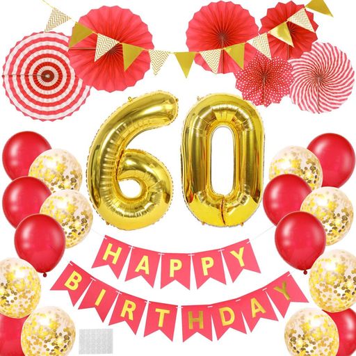 還暦祝い60歳数字バルーン誕生日飾り付け大きい風船HAPPYBIRTHDAY赤とゴールド紙吹雪風船大人ペーパー..
