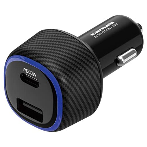 カラー:ブラック 最大60W(単体使用時)のUSB PD対応 USB Type-Cポートと最大18WのUSB-Aポートを搭載した車載充電器。 通電/充電中は青色、USB PDの超急速充電中は赤色に光るLED搭載。 トラックなどでも使用できる、DC12V/24V対応。 重量:約37g、サイズ:縦約37mmx横約37mmx奥行約69.5mm