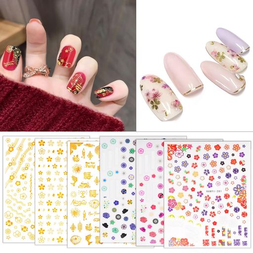 Sucodverネイルシール和風和柄正月桜花びら花火ネイル用シール着物成人式浴衣和装レトロ立体6枚セット