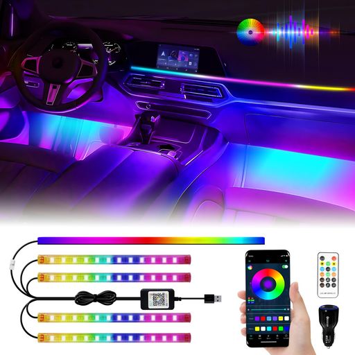樂天商城 - 車用LEDテープライトアンビエントフットライトフルカラー車内装飾用イルミネーション間接照明5in1RGB多色切り替え虹色USB&シガーソケット音楽同期アプリコントロールリモコン付き12V