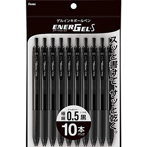 【特長】スッとかけてサッと乾くゲルインキボールペン 【インキ色】黒 【ボール径】0.5mm 【材質】軸・クリップ・ノック=再生PP、グリップ=エラストマー 【1本あたりサイズ/重さ】幅 16mm x奥行 11mm x 長さ 147mm/12g