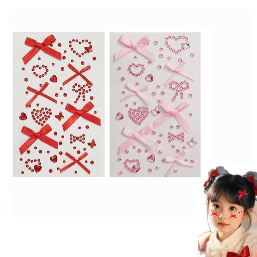 ISHR顔シール2枚セットラインストーン3D樹脂製光るキラキラシールリボンハートかわいい自己粘着性貼り付け簡単DIYネイルデコパーツ顔面デコ携帯電話装飾用(ピンク+レッド)(2)