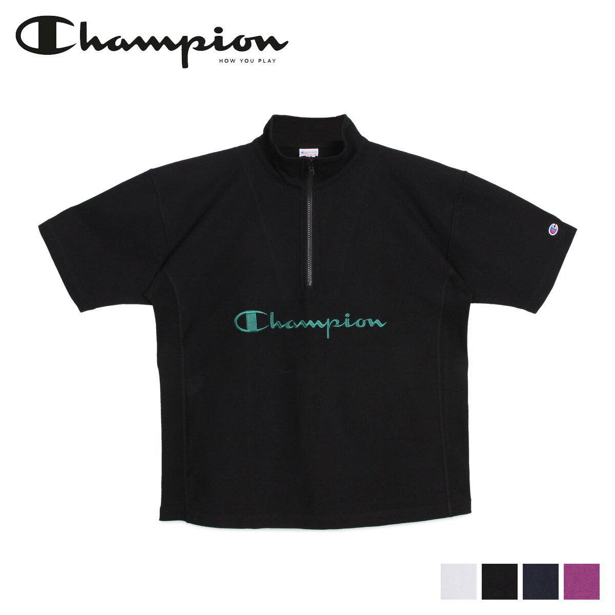 【最大1000円OFFクーポン】 Champion チャンピオン Tシャツ 半袖 リバースウィーブ メンズ REVERSE WEAVE HALF ZIP T-SHIRT ブラック ホワイト ネイビー パープル 黒 白 C3-R315
