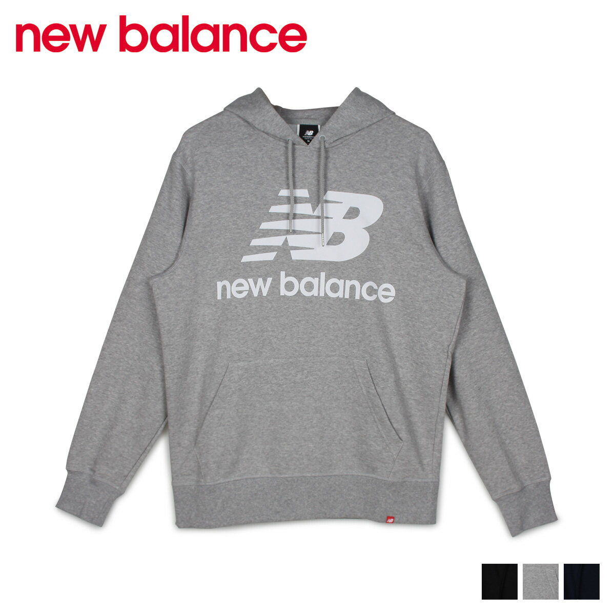 【最大1000円OFFクーポン配布中】 new balance ニューバランス スウェット パーカー プルオーバー メンズ ESSENTIALS STACKED LOGO PO HOODIE ブラック アスレチック グレー エクリプス 黒 MT03558