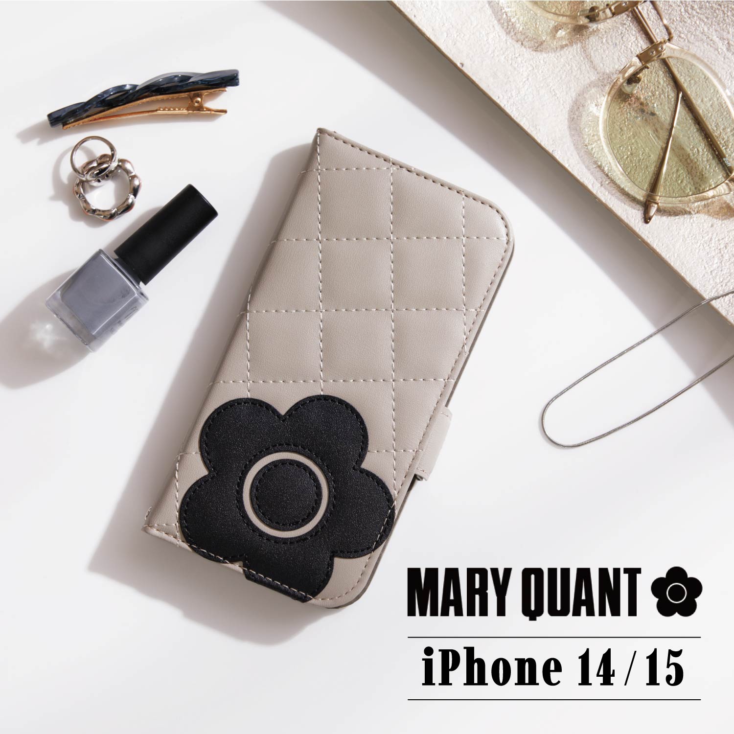 マリークヮント スマホケース レディース マリークヮント MARY QUANT iPhone 15 14 ケース スマホケース 携帯 レディース スタンド PU QUILT LEATHER BOOK TYPE CASE ブラック ホワイト グレー ブラウン ピンク 黒 白 母の日