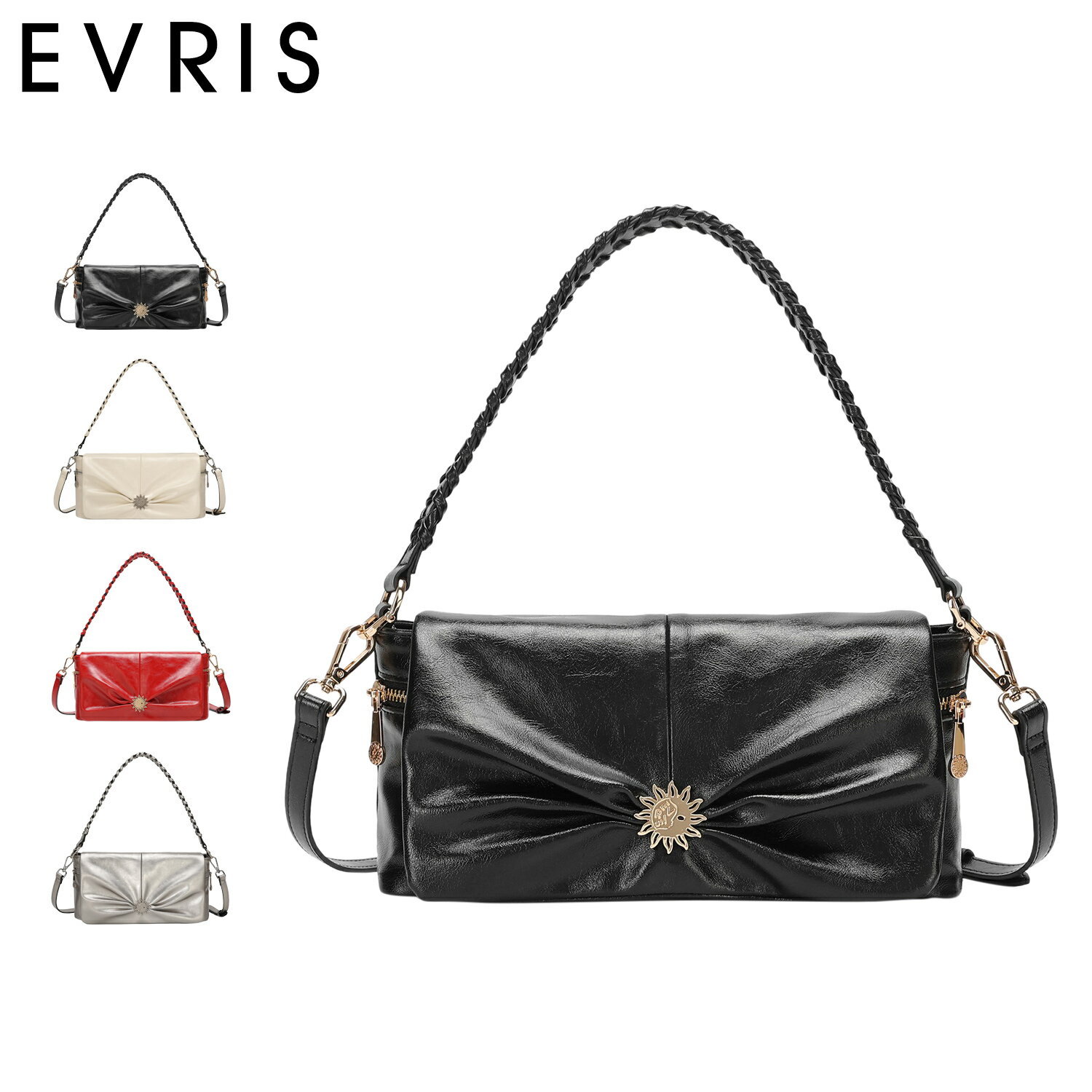 EVRIS エヴリス バッグ ショルダーバッグ レディース 斜めがけ 大人 軽量 サニー ギャザー フラップ ブラック グレージュ レッド シルバー 黒 EVR-20280B