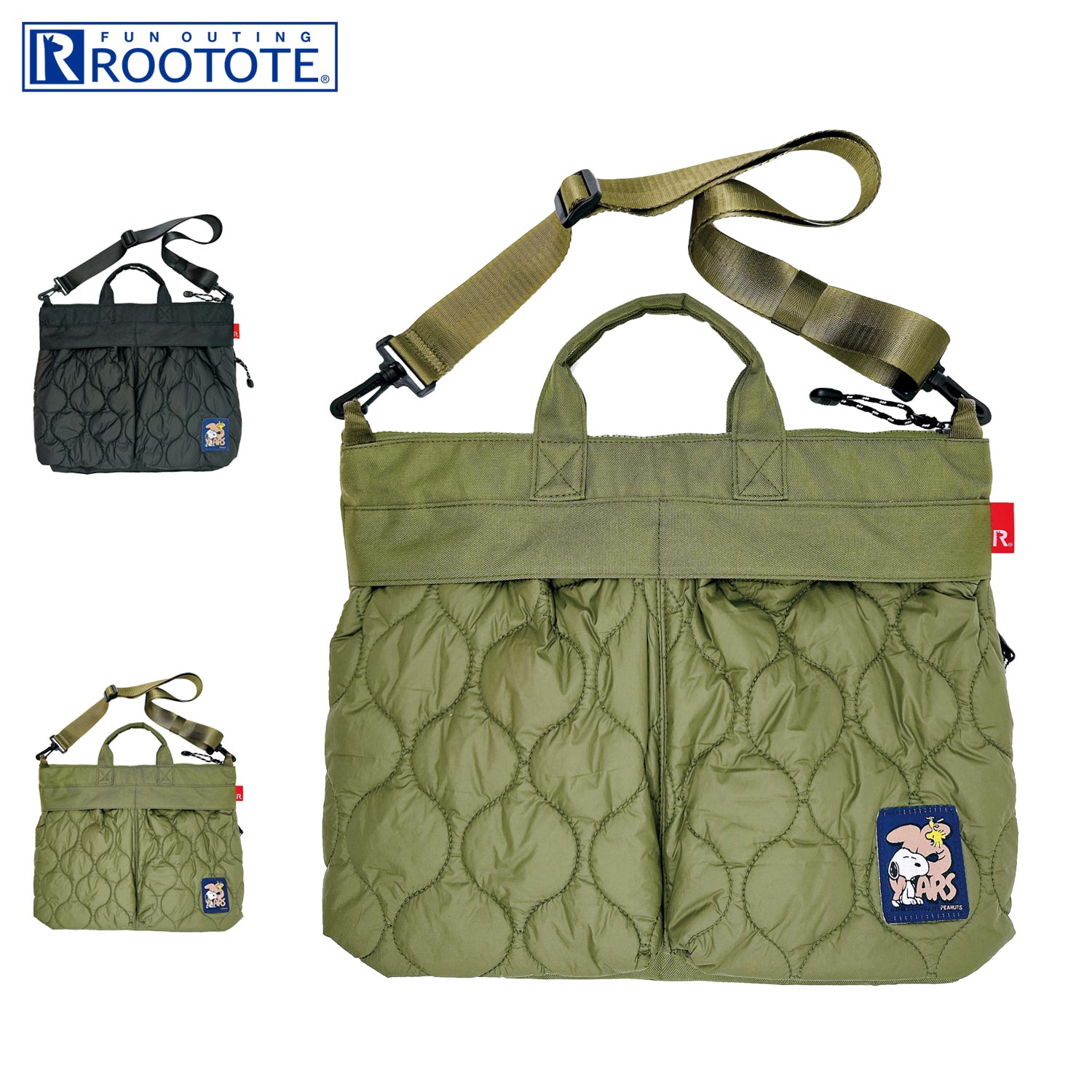 樂天商城 - ルートート ROOTOTE トートバッグ バッグ レディース ファスナー付 き スヌーピー ピーナッツ コラボ 限定 エイヨンワイド パフ ピーナッツ ブラック カーキ 黒 8456