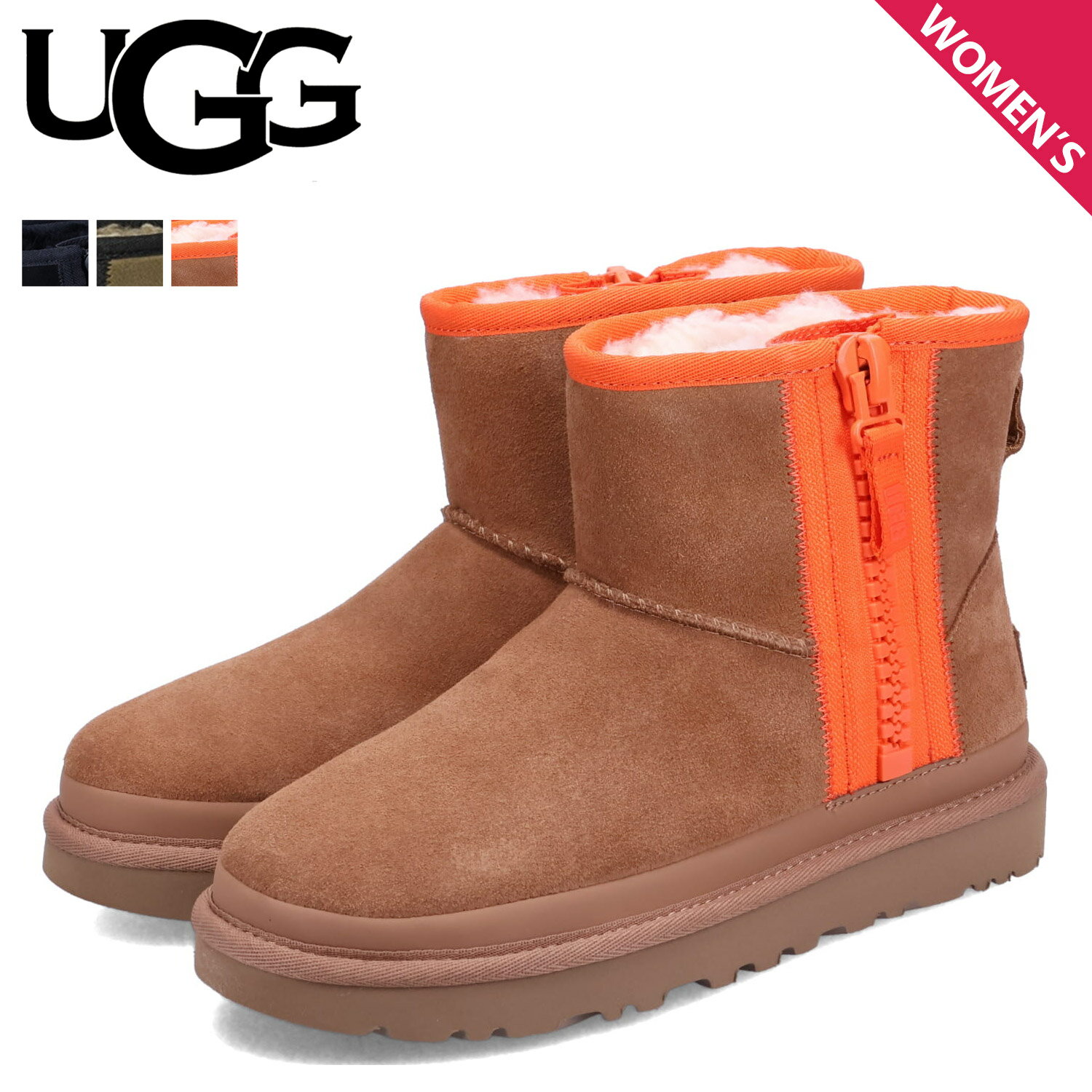 アグ UGG ブーツ ムートンブーツ クラシック ミニ ジッパー テープ ロゴ レディース ショート CLASSIC MINI ZIPPER TAPE LOGO ブラック オリーブ チェスナット 黒 1144034