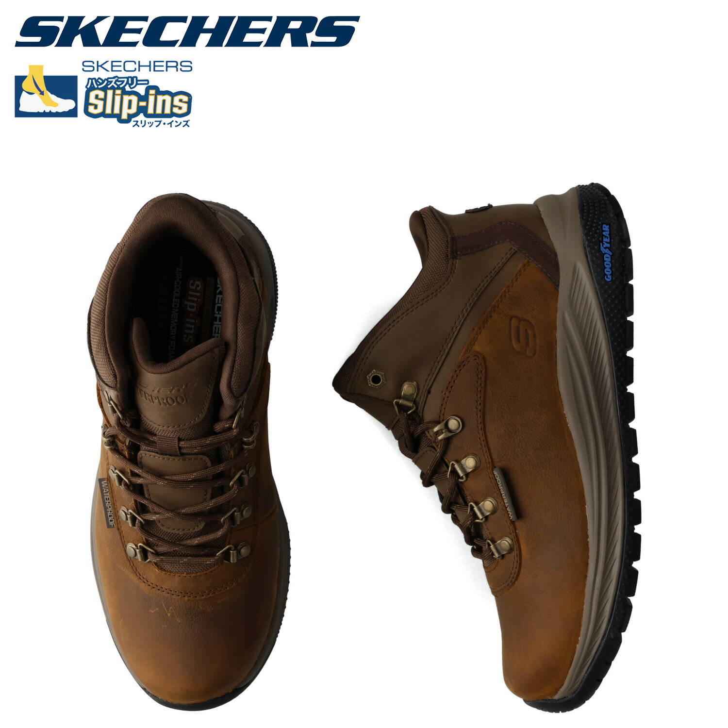 SKECHERS スケッチャーズ スリップインズ リラックスドフィット メロエ パイクマン ブーツ ハイキングブーツ メンズ 幅広 防水 防滑 SLIP-INS MEROE ブラウン 205285WW