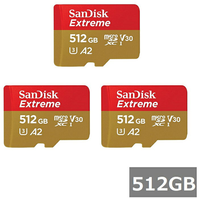 様々なシーンの記録媒体として活用できるサンディスクのマイクロSDカード 信頼性が評価されているサンディスクのマイクロSDカード。 スピードクラスClass10でスマホ、ドローンなどの動画、画像の保存、Switchや防犯カメラなどのデータ保存に最適です。 ご自身の用途に合わせて、容量などを選びましょう。 ブランド SanDisk 型番・品名 SDSQXAV-512G-GN6MA 容量 512GB×3セット スピードクラス CLASS10 UHSスピードクラス UHS-I インターフェース microSDXC ご注意 商品の仕様・デザイン・付属品・マニュアル言語（ベース英語）等は予告なく変更になる場合がございます。 商品仕様の詳細につきましては、メーカー及び代理店ページをご確認ください。 尚、商品仕様の変更に伴うご返品、ご返金につきましてはお受けできません。 万が一初期不良が発生した場合は交換・返品等の対応をさせていただきます。 対応機種間違いなどの返品・交換には一切応じられません。 配送について 代金引換はご利用いただけませんのでご了承くださいませ。 通常ご入金確認が取れてから3日&#12316;1週間でお届けいたしますが、物流の状況により2週間ほどお時間をいただくこともございます また、この商品は通常メーカーの在庫商品となっておりますので、メーカー在庫切れの場合がございます。その場合はキャンセルさせていただくこともございますのでご了承くださいませ。 送料 送料無料
