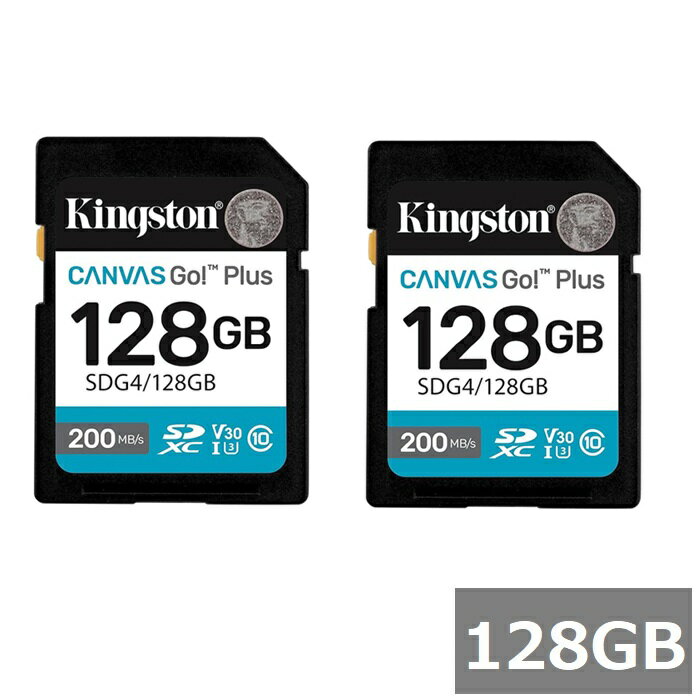 DSLR やミラーレスカメラに最適なキングストンのSDカード KingstonのCanvas Go! Plus SDは、常に完璧なショットを追い求める冒険家のために設計されています。最大 200MB/秒の優れた転送速度を備えたCanvas Go! Plus SDカードは、ワークフローと効率を加速し、次の旅で創造性を新たな高みに引き上げる時間を増やします。 U3およびV30の速度定格を備えたCanvas Go! Plusを使用すると、低速やフレーム落ちを気にすることなく、驚異的な4K Ultra-HDビデオを撮影できます。 また、バーストモードの写真撮影にも優れており、滑らかで一貫したショットを提供します。 Canvas Go! Plus SD で、冒険と創造性が出会う旅にビジョンを持ち出しましょう。 ブランド Kingston 型番・品名 SDG4/128GB 容量 128GB×2セット UHSスピードクラス UHS-I U3 パフォーマンス 最大200/160MB/秒の読み取り/書き込み インターフェース SDXC ご注意 商品の仕様・デザイン・付属品・マニュアル言語（ベース英語）等は予告なく変更になる場合がございます。 商品仕様の詳細につきましては、メーカー及び代理店ページをご確認ください。 尚、商品仕様の変更に伴うご返品、ご返金につきましてはお受けできません。 万が一初期不良が発生した場合は交換・返品等の対応をさせていただきます。 対応機種間違いなどの返品・交換には一切応じられません。 配送について 代金引換はご利用いただけませんのでご了承くださいませ。 通常ご入金確認が取れてから3日&#12316;1週間でお届けいたしますが、物流の状況により2週間ほどお時間をいただくこともございます また、この商品は通常メーカーの在庫商品となっておりますので、メーカー在庫切れの場合がございます。その場合はキャンセルさせていただくこともございますのでご了承くださいませ。 送料 送料無料