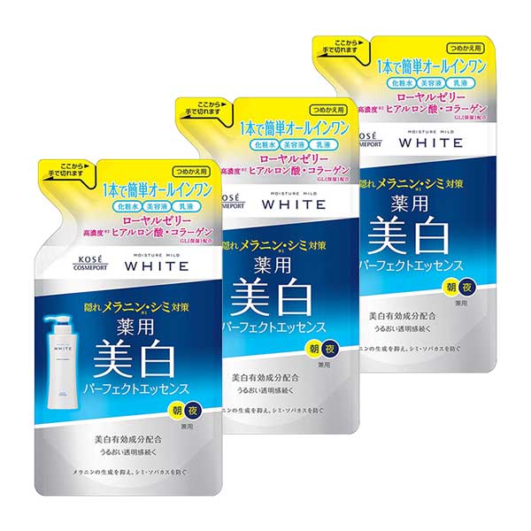 【3セット】【送料無料】 モイスチュアマイルド ホワイト パーフェクトエッセンス つめかえ用 200mL 医薬部外品 オールインワン 化粧水 ローション 美容液 乳液 しっとり ツヤ 無香料 無着色 無鉱物油 ノンアルコール モイスチュアマイルド 顔 スキンケア 透明感