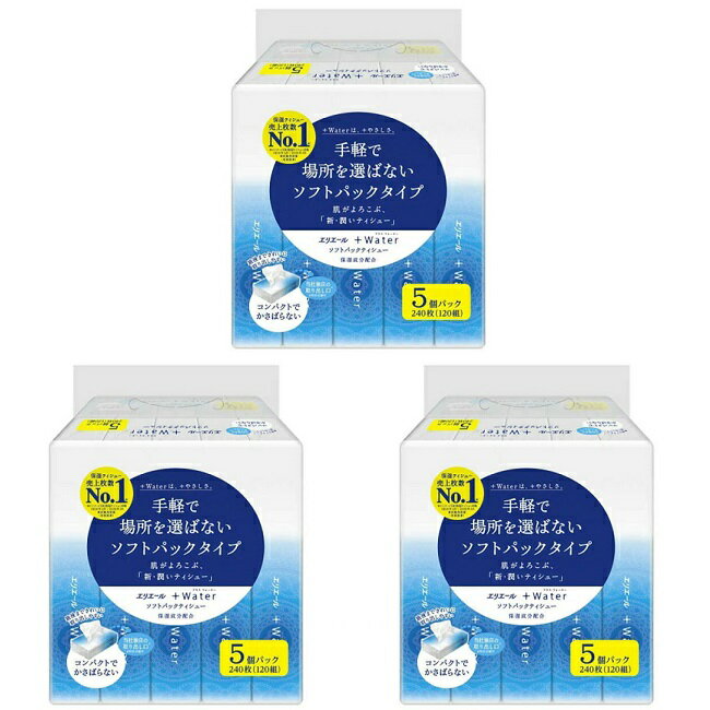 【3セット】 エリエール プラスウォーター +Water ソフトパックティシュー 240枚 (120組) 5パック ティッシュ ティッシュペーパー やわらかい ティッシュー ウォーターティッシュ 鼻かみ 大王製紙のサムネイル