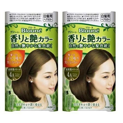 自然で艶やかな髪色続く 部分染め向きのクリームタイプのヘアカラー。 全体染めもできます。 髪へのニオイ残り気にならない、ツンとしないやさしい香り。 生えぎわまで深く染まって、自然で艶やかな髪色続く。 指どおりなめらかキューティクルケア成分（毛髪保護成分）、海藻エキス（毛髪保護成分）、ローヤルゼリーエキス（うるおい成分）配合。 ・ショートヘア（髪全体）1回分 ・残りは次に取っておけます パッケージ・内容等予告なく変更する場合がございます。予めご了承ください。 名称 【2セット】ブローネ 香りと艶カラークリーム 4A アッシュブラウン 内容量 【1剤40g・2剤40g】×2 カラー 4A：アッシュブラウン 成分 【1剤】 有効成分：パラアミノフェノール、メタアミノフェノール、トルエン-2，5-ジアミン、レゾルシン、塩酸2，4-ジアミノフェノキシエタノール その他の成分：水、ステアリルアルコール、PG、MEA、POEセチルエーテル、ステアルトリモニウムクロリド、塩化ジメチルジアリルアンモニウム・アクリルアミド共重合体液、強アンモニア水、ジメチコン、塩化ジメチルジアリルアンモニウム・アクリル酸共重合体液、流動パラフィン、ベヘニルアルコール、オレイルアルコール、ポリ塩化ジメチルジメチレンピロリジニウム液、高重合ジメチコン-1、アミノエチルアミノプロピル・メチルポリシロキサン共重合体、香料、無水亜硫酸Na、アスコルビン酸、炭酸水素アンモニウム、塩化ジアルキル（12〜18）ジメチルアンモニウム液、エデト酸塩、イソプロパノール、カモミラエキス-1、ローヤルゼリーエキス、海藻エキス-1、長鎖二塩基酸ビス3-メトキシプロピルアミド、パラベン、BG、エタノール、リン酸 【2剤】 有効成分：過酸化水素水 その他の成分：水、流動パラフィン、ベヘニルアルコール、濃グリセリン、POEセチルエーテル、ステアリルアルコール、塩化アルキルトリメチルアンモニウム、ベタイン、エタノール、硫酸オキシキノリン-2、リン酸、軟質ラノリン脂肪酸、水酸化ナトリウム液 注意事項 ・ご使用の際は使用説明書をよく読んで正しくお使いください。 ・染毛の2日前（48時間前）には、毎回必ず、皮膚アレルギー試験（パッチテスト）を行ってください。 ・ヘアカラーでかゆみ、発疹、発赤がでたことのある方は、絶対に使用しないでください。 ・次の方は使用しないでください。 　　今までに本品に限らずヘアカラーでかぶれたことのある方 　　今までに染毛中または直後に気分の悪くなったことのある方 　　皮膚アレルギー試験（パッチテスト）の結果、皮膚に異常を感じた方 　　頭皮あるいは皮膚が過敏な状態になっている方（病中、病後の回復期、生理時、妊娠中等） 　　頭、顔、首筋にはれもの、傷、皮膚病がある方 　　腎臓病、血液疾患等の既往症がある方 　　体調不良の症状が持続する方（微熱、倦怠感、動悸、息切れ、紫斑、出血しやすい、月経等の出血が止まりにくい等） ・薬液や洗髪時の洗い液が目に入らないようにしてください。 ・眉毛、まつ毛には使用しないでください。 ・幼小児の手の届かないところに保管してください。 ・高温や直射日光を避けて保管してください。 ・幼小児には使用しないでください。 ・認知症の方などの誤食等を防ぐため、置き場所にご注意ください。 ・お肌に異常が生じていないかよく注意して使用してください。お肌に合わない時は、ご使用をおやめください。 区分 日本製/染毛料 メーカー 花王 広告文責 株式会社LUXSEED 092-710-7408 配送について 代金引換はご利用いただけませんのでご了承くださいませ。 通常ご入金確認が取れてから3日&#12316;1週間でお届けいたしますが、物流の状況により2週間ほどお時間をいただくこともございます また、この商品は通常メーカーの在庫商品となっておりますので、メーカ在庫切れの場合がございます。その場合はキャンセルさせていただくこともございますのでご了承くださいませ。 送料 送料無料