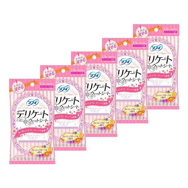 【5セット】 ソフィ デリケートウェット フレッシュフローラルの香り 6枚×2 ウエットシート 生理用品 ユニ・チャーム 肌ざわり おすすめ トイレに流せる デリケート 不織布 フローラル ノンアルコール 無着色 ニオイ 快適 持ち運び 携帯 清潔 肌にやさしいのサムネイル