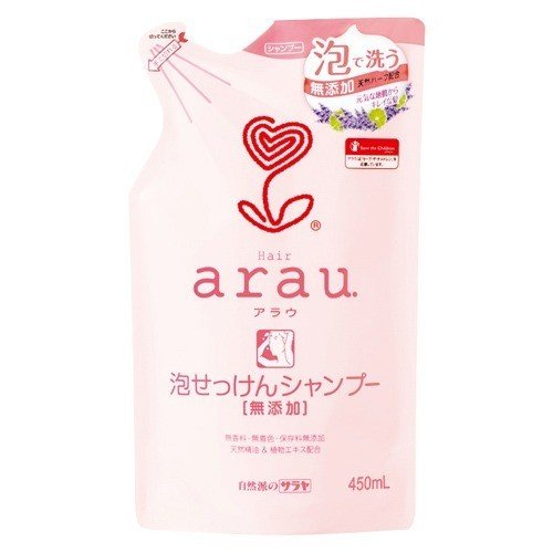  アラウ. 泡せっけんシャンプー 詰替用 450mL つめかえ arau. 泡タイプ 摩擦 髪ダメージ 地肌 汚れ 合成界面活性剤 リン酸塩 エデト酸塩 合成香料 着色料 保存料 無添加 シソ カミツレ 天然エキス キシキシしない ラベンダー ライム 低刺激