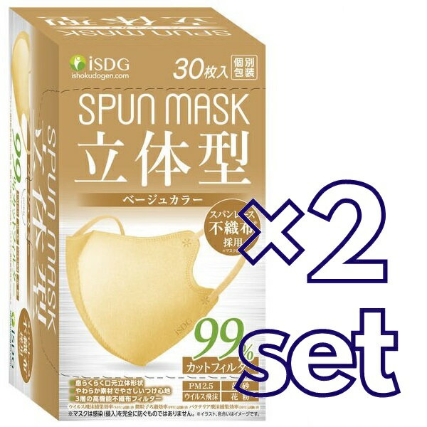 【マラソン中 5/10までP5倍】 【2セット】 SPUNMASK 立体型 不織布カラーマスク 個包装 ベージュ 30枚入 おすすめ マスク 飛沫 花粉対策 99％カット 立体タイプ 肌ざわり おしゃれ メイク崩れ 軽減 呼吸しやすい 箱マスク