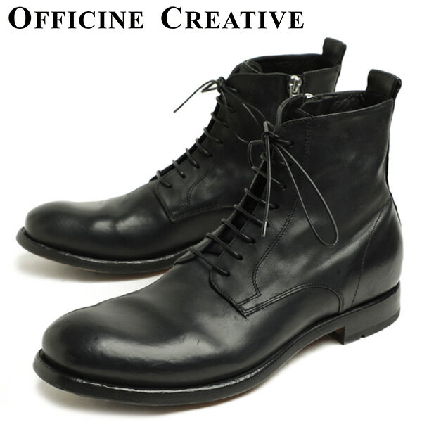 OFFICINE CREATIVE オフィチーネ クリエイティブ ブーツ レースアップ ワーク ショート レザー ヴィンテージ加工 プレーントゥ ハーフラバー サイドジップ STREREO 015 W NERO ブラック