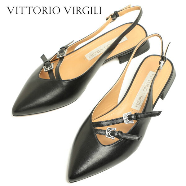 VITTORIO VIRGILI ヴィットリオヴィルジリ サンダル ポインテッドトゥ ローヒール バックストラップ ベルト レザー 24EVD571104 NERO ブラック