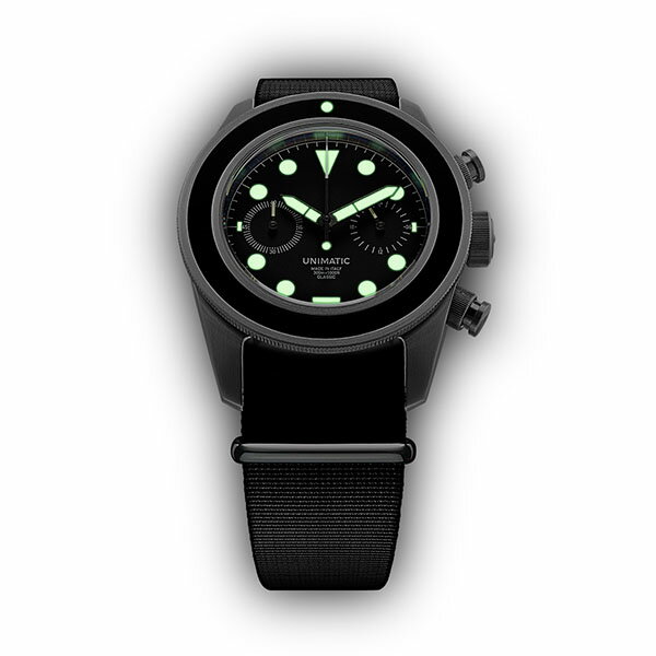 UNIMATIC CLASSIC ウニマティック クラシック 腕時計 メカクォーツ クロノグラフ ダイバーズ 蓄光 スーパールミノバ ナイロンストラップ ツーカウンター UC3/TRE BLACK ブラック
