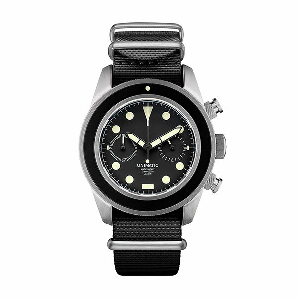 UNIMATIC CLASSIC ウニマティック クラシック 腕時計 メカクォーツ クロノグラフ ダイバーズ 蓄光 スーパールミノバ ナイロンストラップ ツーカウンター UC3/TRE BLACK ブラック