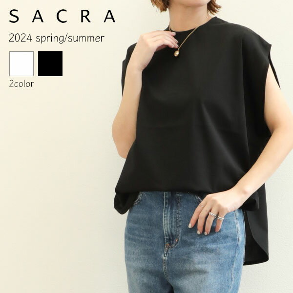 SACRA サクラ レディース カットソー クルーネック コットン フォールドスリーブ 半袖 FOLDED LINE CROPPED TOP 124244091 WHITE ホワイト CHARCOAL チャコール BLACK ブラック