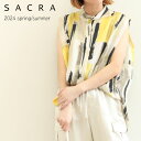 SACRA サクラ レディース シャツ ブラウス バンドカラー キュプラ レーヨン フォールドスリーブ ノースリーブ ABSTRACT DRAWING PRINT BLOUSE 124206072 YELLOW イエロー