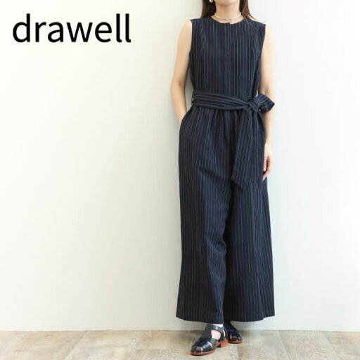 drawell ドロウェル レディース オールインワン マキシ丈 ワイド ノースリーブ ウール リネン コットン ストライプ 4-1-DW-5 ネイビー drawell ドロウェル レディース オールインワン マキシ丈 ワイド ノースリーブ ウール リネン コットン ストライプ 4-1-DW-5 ネイビー