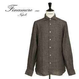 フィナモレ ビジネスシャツ メンズ Finamore フィナモレ メンズ シャツ カッタウェイ リネン ウォッシュ SIMONE BALI 長袖 C0364 01 ダークブラウン