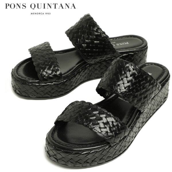 PONS QUINTANA ポンスキンタナ レディース ストラップ レザー サンダル イントレチャート オープントゥ 厚底 10944 NEGRO ブラック