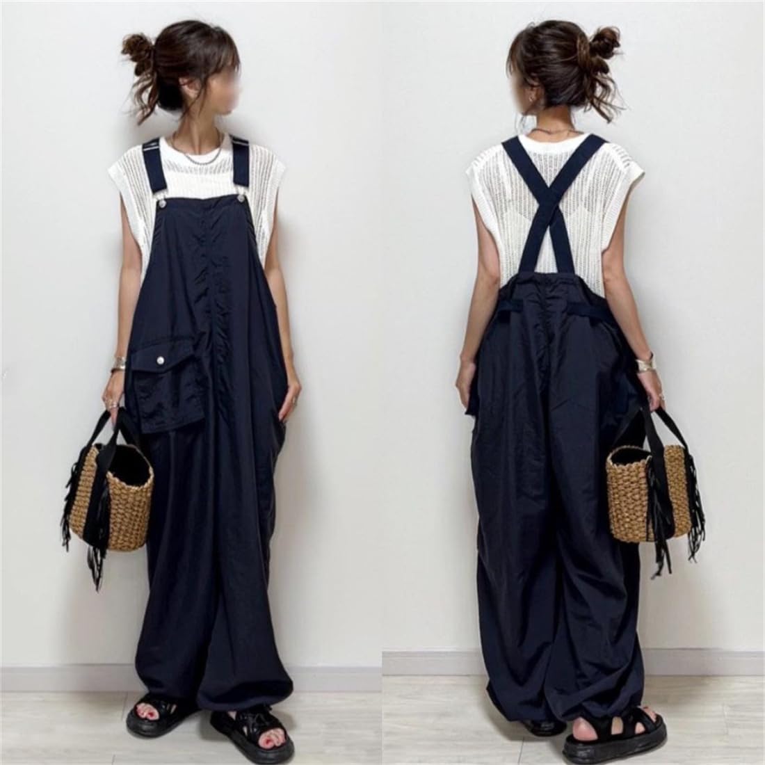 レディース オールインワン サロペット オーバーオール ロングパンツ ワイドパンツ 長ズボン ガウチョパンツ 夏服 ポケット付き カジュアル ゆったり 可愛い 体型カバー シンプル オーバーサイズ 学生 大人 春夏