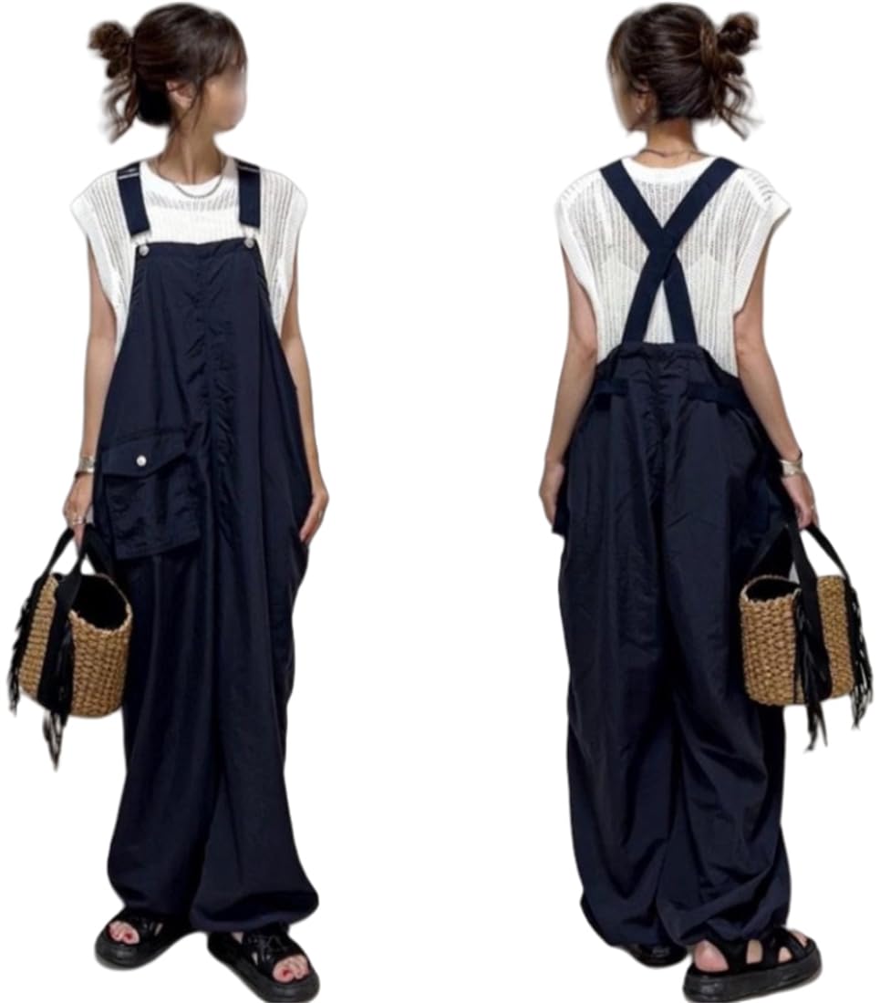 レディース オールインワン サロペット オーバーオール ロングパンツ ワイドパンツ 長ズボン ガウチョパンツ 夏服 ポケット付き カジュアル ゆったり 可愛い 体型カバー シンプル オーバーサイズ 学生 大人 春夏