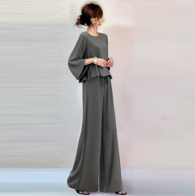 セット 丸首 フレアスリーブ トップス × マイクロフレアパンツ 2点セット 着痩せシルエット 薄手素材 通勤 デート