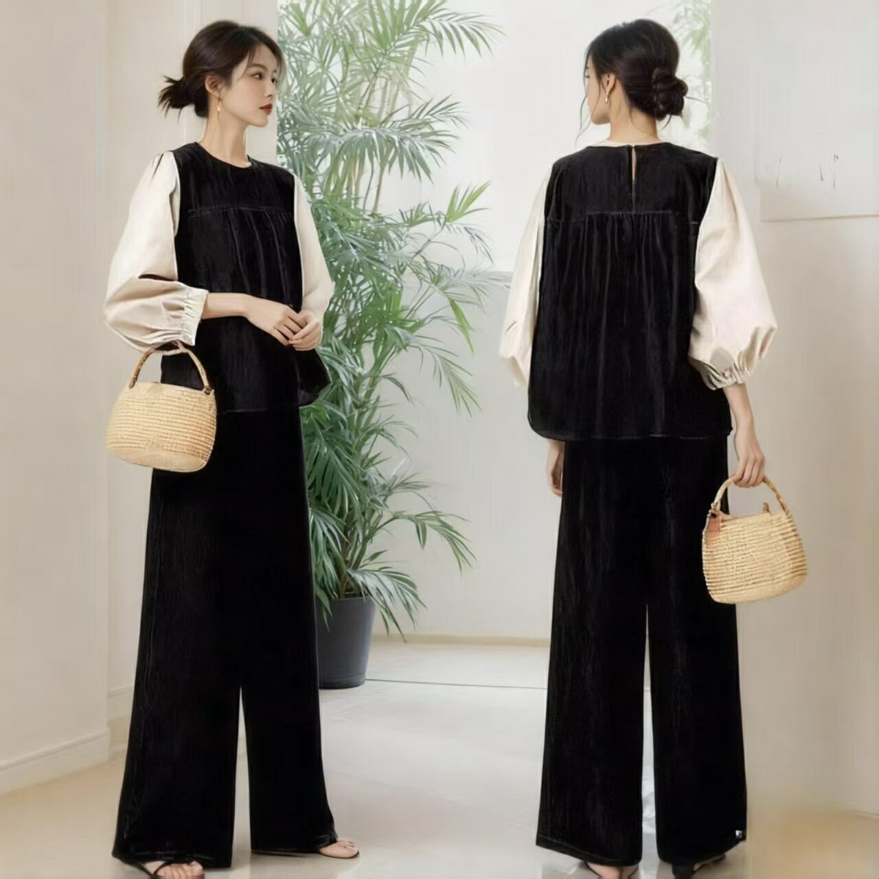 レディース セットアップ 2点セット トップス+ワイドパンツ 上下セット パンツスーツ 長袖 ドンキング カラーマッチング ロング丈 ストレート カジュアル ゆったり 可愛い オシャレ 切り替え 大人 春秋