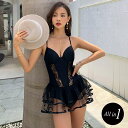 水着 レディース ワンピース オールインワン 体型カバー セクシー キャミソール 黒 花柄 レース スカート 透け感